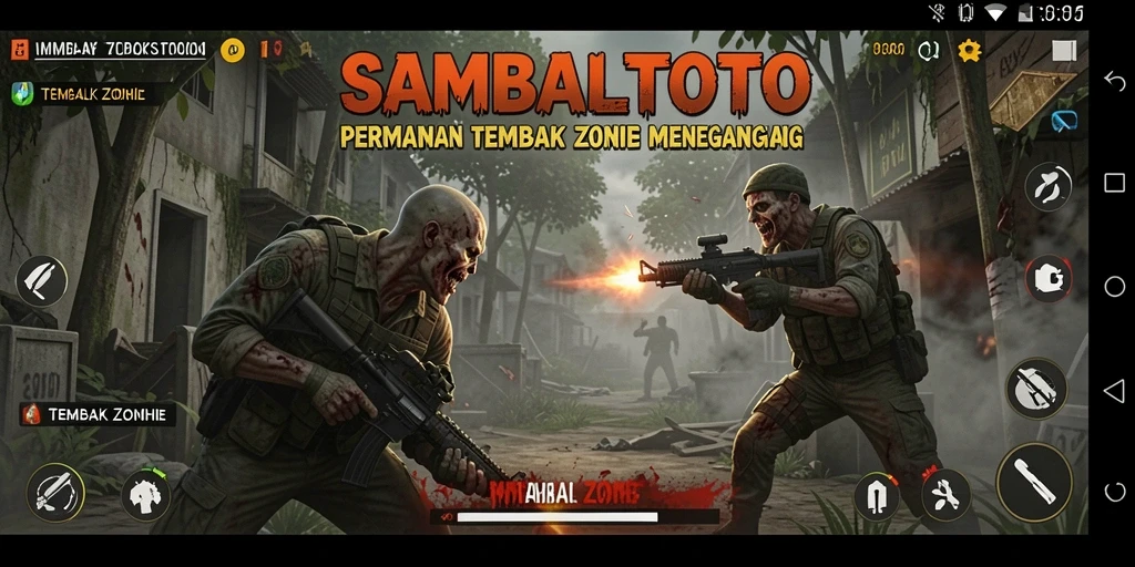 Screenshot utama SAMBALTOTO yang menampilkan aksi menembak zombie.