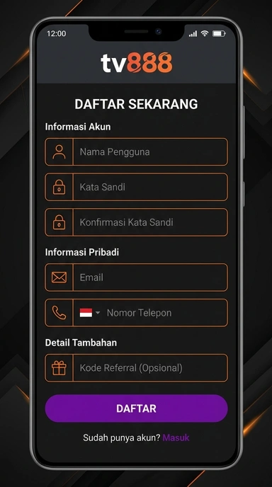 Tampilan halaman daftar tv888